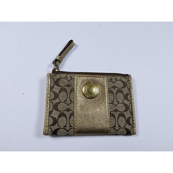 Coach Signature Metallic Gold Stripe Keychain Wallet Case - Picture 1 of 4